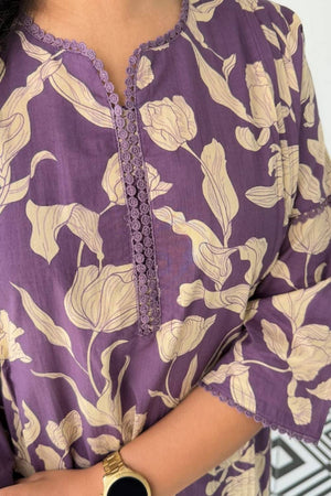 Violet Floral Printed Cotton Kurti Pant Set (NYS-151311-Purple)
