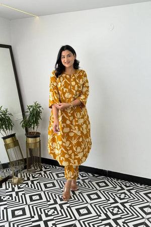 Yellow Floral Printed Cotton Kurti Pant Set (NYS-151311-Yellow)