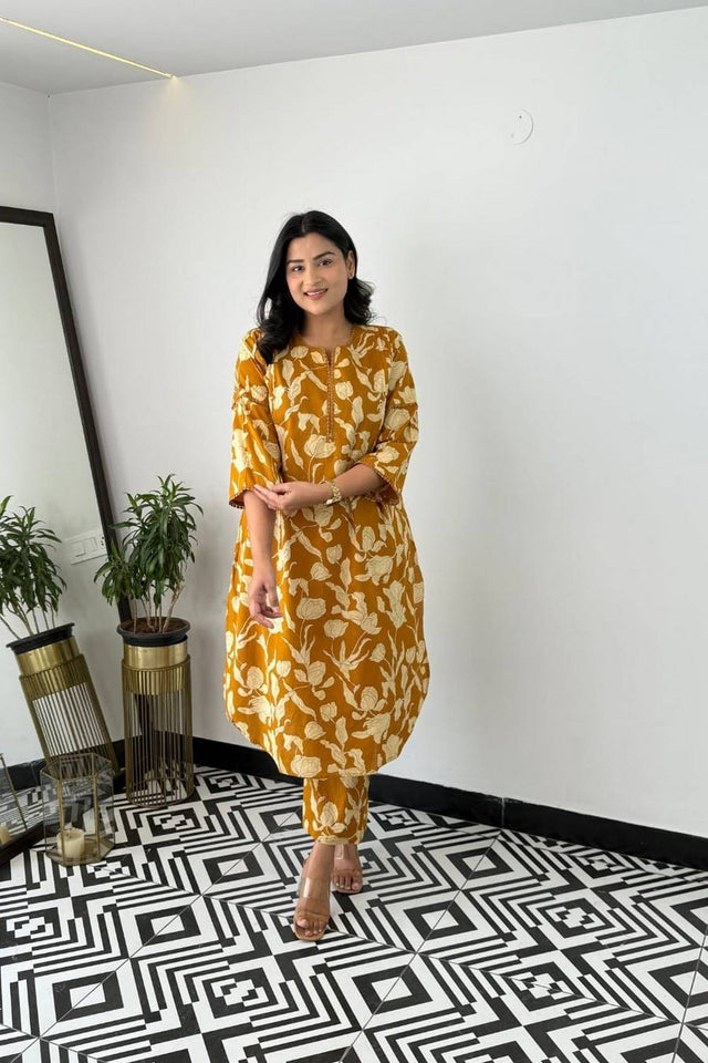 Yellow Floral Printed Cotton Kurti Pant Set (NYS-151311-Yellow)