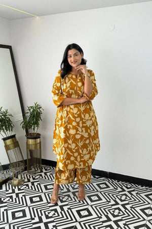Yellow Floral Printed Cotton Kurti Pant Set (NYS-151311-Yellow)