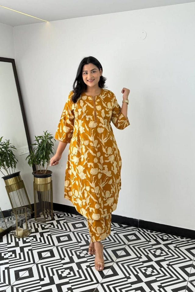 Yellow Floral Printed Cotton Kurti Pant Set (NYS-151311-Yellow)