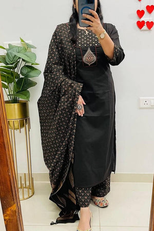 Black Embroidered Cotton Kurti Pant Set (NYS-151317-Black)