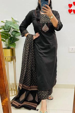 Black Embroidered Cotton Kurti Pant Set (NYS-151317-Black)