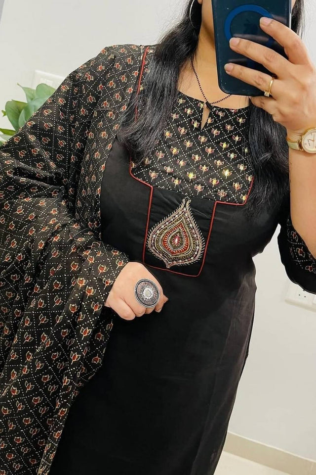Black Embroidered Cotton Kurti Pant Set (NYS-151317-Black)