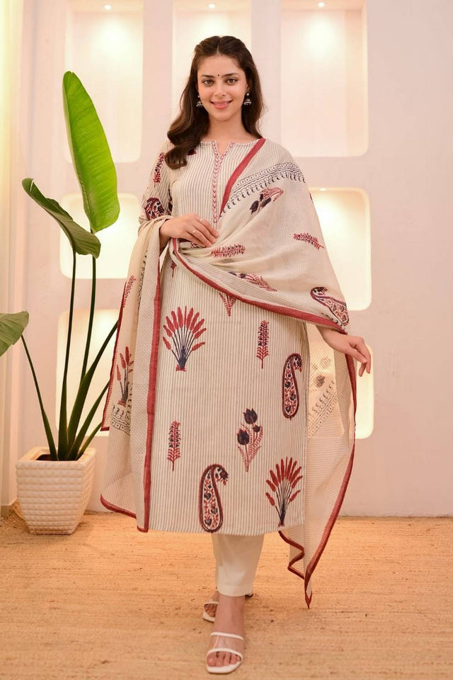 Off White Floral Printed Cotton Kurti Pant Set (NYS-151319-Off White)
