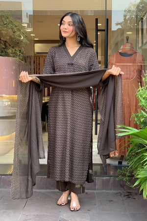 Brown Printed Cotton Kurti Pant Set (NYS-151321-Brown)