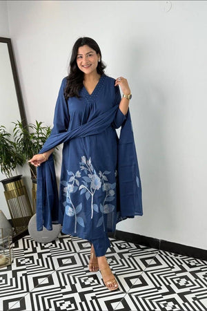 Blue Floral Embroidered Cotton Anarkali Suits (NYS-151329NRI -Blue)