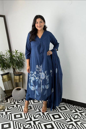 Blue Floral Embroidered Cotton Anarkali Suits (NYS-151329NRI -Blue)