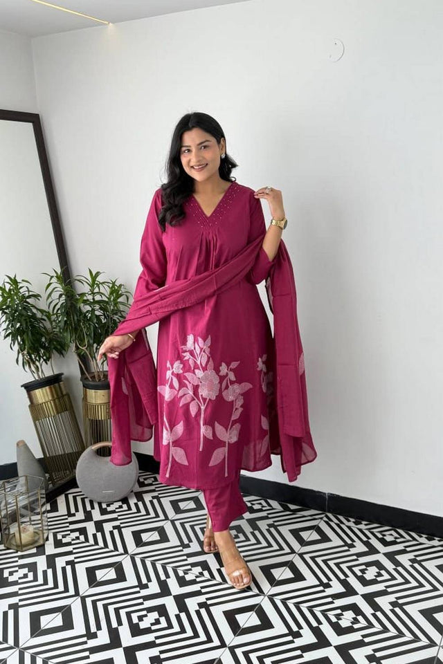 Maroon Floral Embroidered Cotton Anarkali Suits (NYS-151329NRI -Maroon)