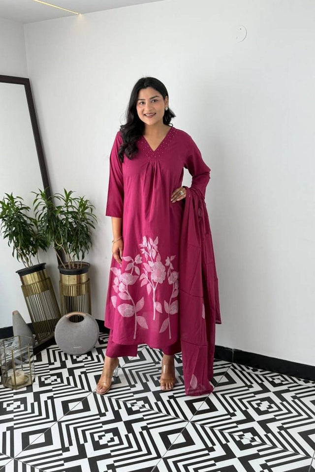 Maroon Floral Embroidered Cotton Anarkali Suits (NYS-151329NRI -Maroon)