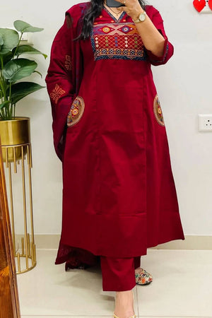 Maroon Embroidered Cotton Kurti Pant Set (NYS-151336-Maroon)