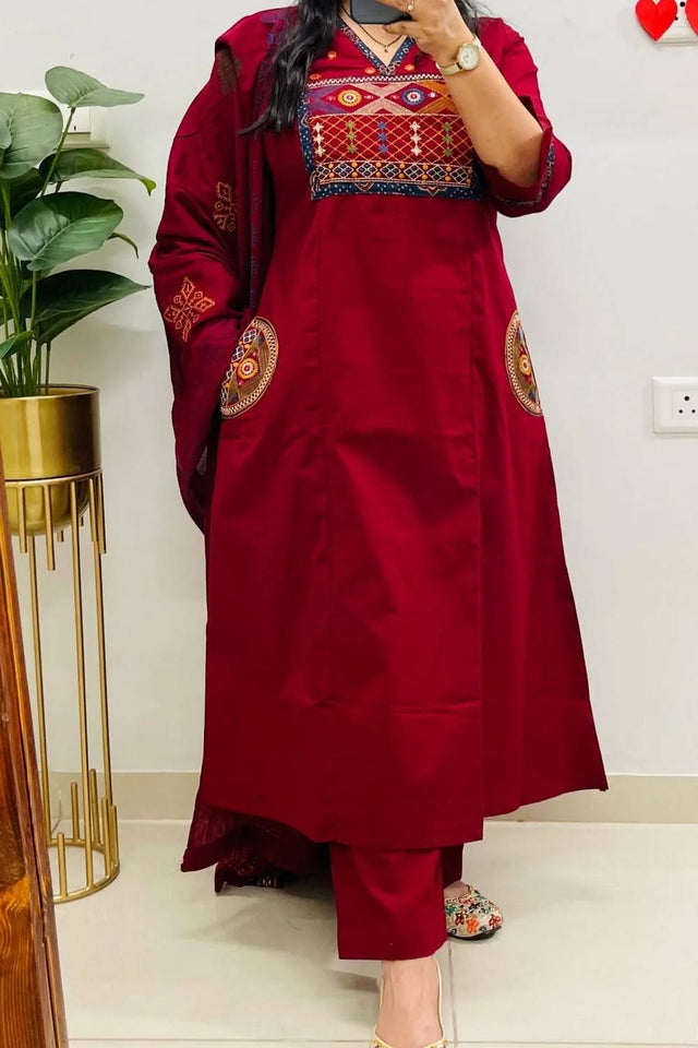Maroon Embroidered Cotton Kurti Pant Set (NYS-151336-Maroon)