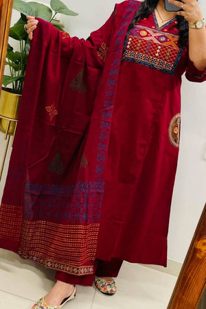 Maroon Embroidered Cotton Kurti Pant Set (NYS-151336-Maroon)