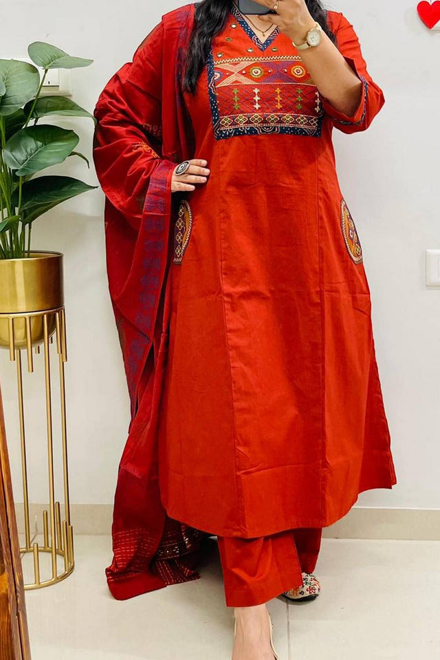 Rust Embroidered Cotton Kurti Pant Set (NYS-151336-Rust)