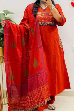 Rust Embroidered Cotton Kurti Pant Set (NYS-151336-Rust)