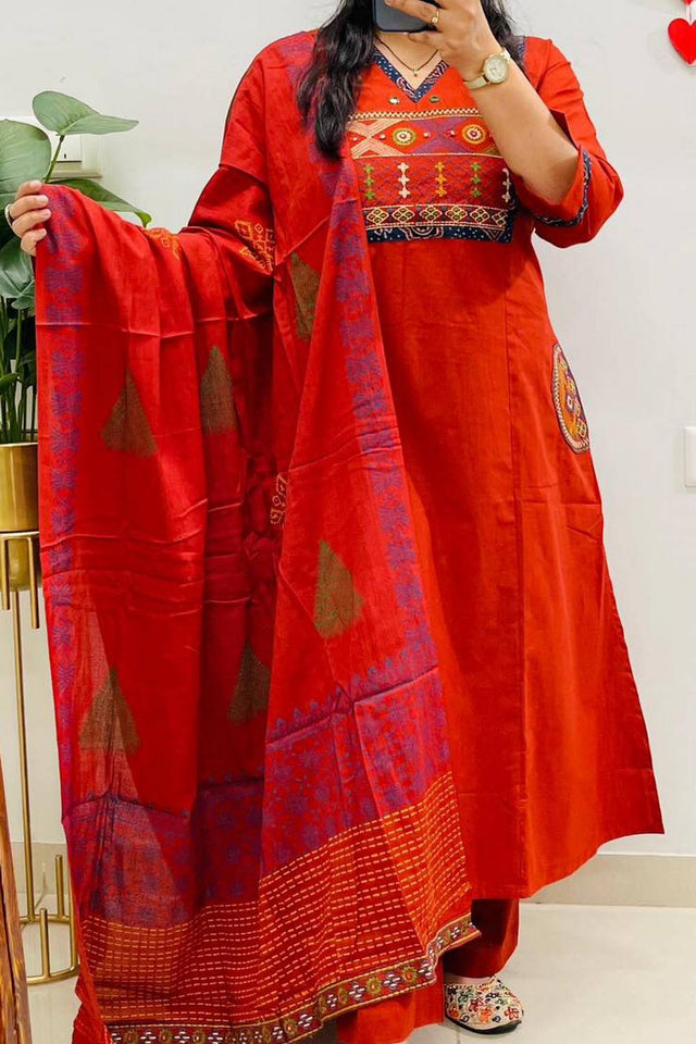 Rust Embroidered Cotton Kurti Pant Set (NYS-151336-Rust)