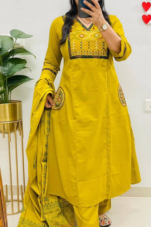 Multi Color Embroidered Cotton Kurti Pant Set (NYS-151336-Yellow)