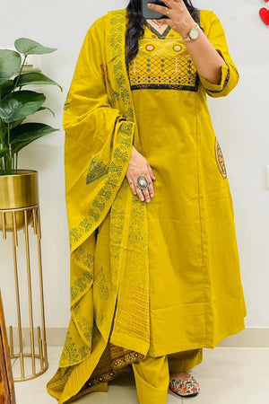 Multi Color Embroidered Cotton Kurti Pant Set (NYS-151336-Yellow)
