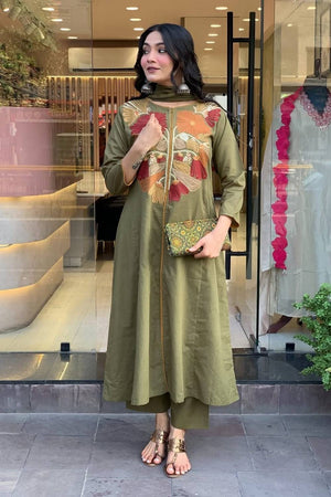 Green Floral Embroidered Cotton Kurti Pant Set (NYS-151337AR-Green)
