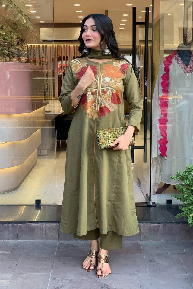 Green Floral Embroidered Cotton Kurti Pant Set (NYS-151337AR-Green)