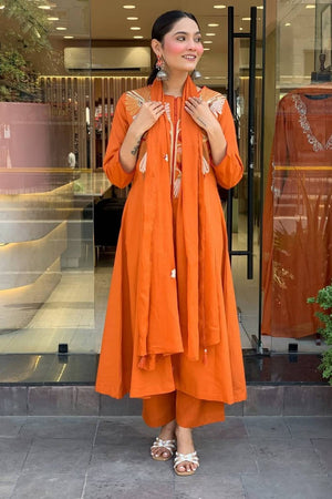 Rust Floral Embroidered Cotton Kurti Pant Set (NYS-151337AR-Rust)