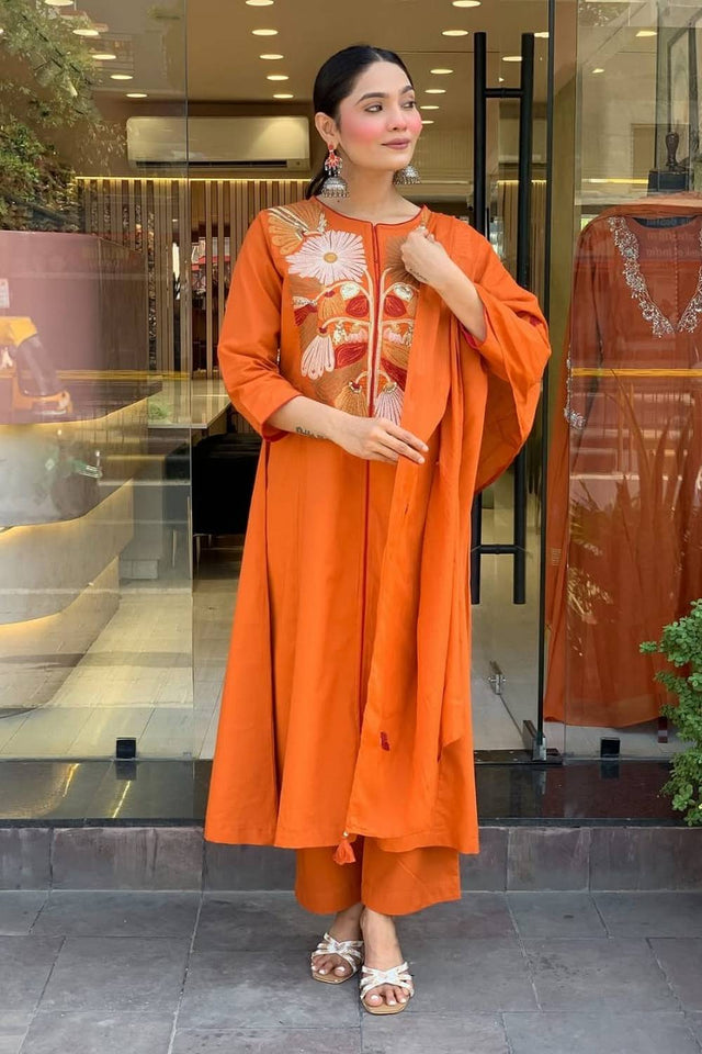 Rust Floral Embroidered Cotton Kurti Pant Set (NYS-151337AR-Rust)