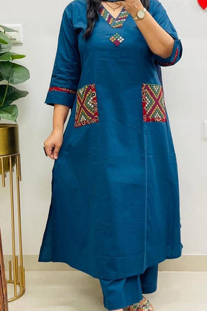 Blue Embroidered Cotton Kurti Pant Set (NYS-151339JKW-Blue)