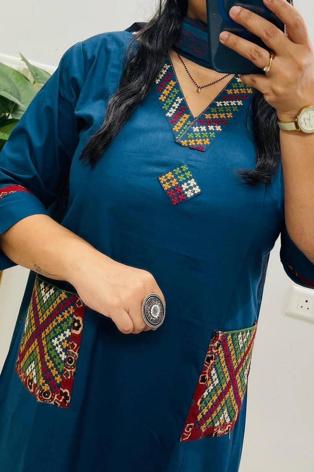 Blue Embroidered Cotton Kurti Pant Set (NYS-151339JKW-Blue)