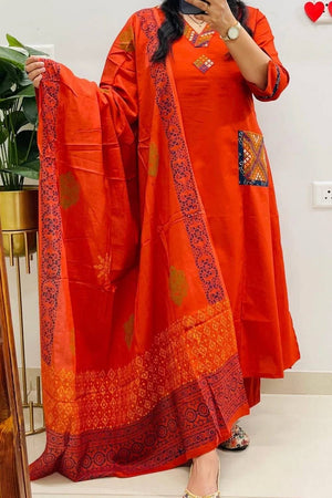 Rust Embroidered Cotton Kurti Pant Set (NYS-151339JKW-Rust)