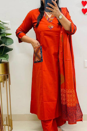 Rust Embroidered Cotton Kurti Pant Set (NYS-151339JKW-Rust)