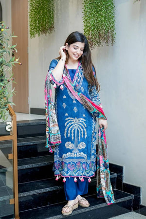 Blue Embroidered Muslin Kurti Pant Set (NYS-151342SAK-Blue)