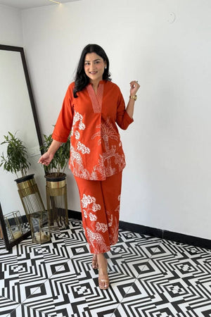 Rust Printed Cotton Kurti Pant Set (NYS-151347JKW-Rust)