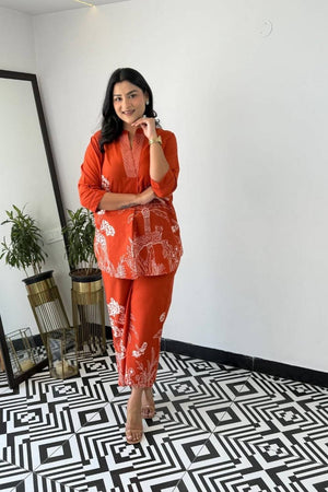 Rust Printed Cotton Kurti Pant Set (NYS-151347JKW-Rust)