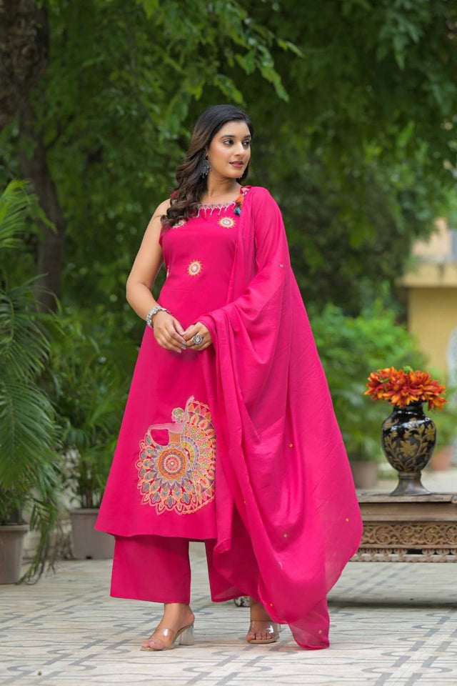 Pink Embroidered Cotton Kurti Palazzo Set (NYS-151350JKW-Pink)
