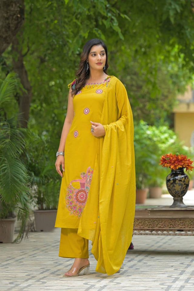 Yellow Embroidered Cotton Kurti Palazzo Set (NYS-151350JKW-Yellow)