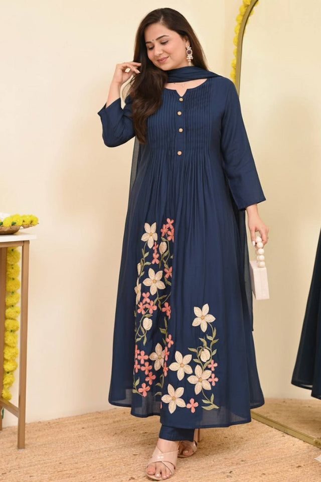 Blue Floral Embroidered Cotton Anarkali Suits (NYS-151355JKW-Blue)