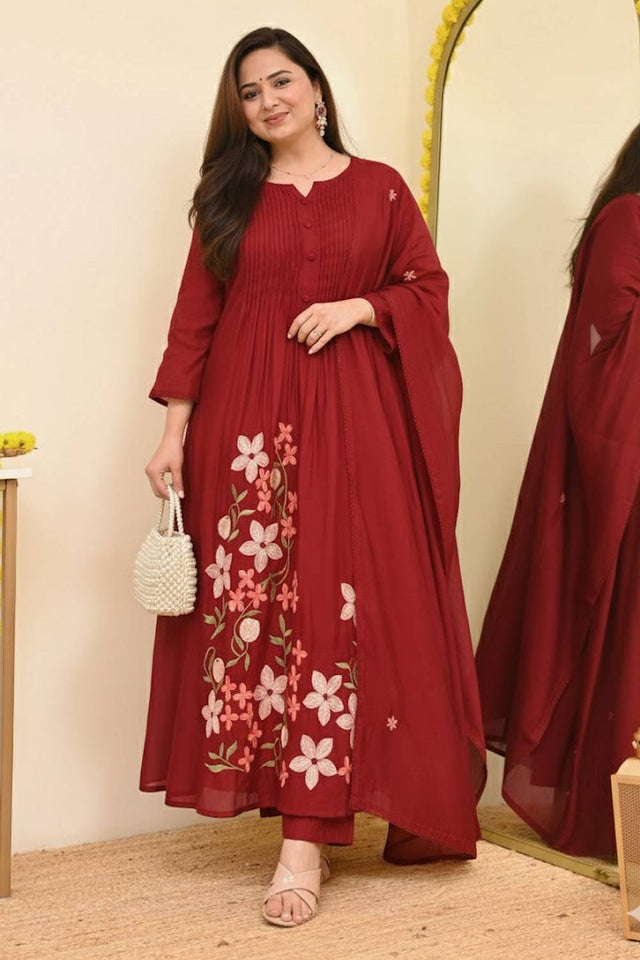 Red Floral Embroidered Cotton Anarkali Suits (NYS-151355JKW-Red)