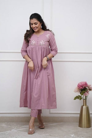 Lavender Floral Embroidered Cotton Anarkali Suits (NYS-151356JKW-Lilac)