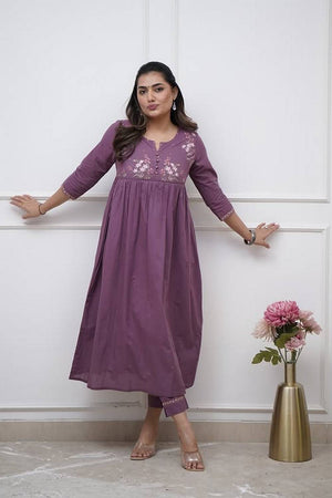 Violet Floral Embroidered Cotton Anarkali Suits (NYS-151356JKW-Purple)