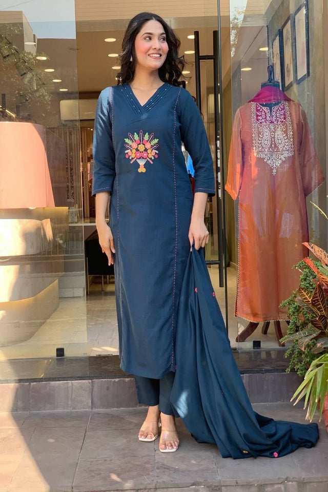 Blue Floral Embroidered Cotton Kurti Pant Set (NYS-A2106RZ-Blue)