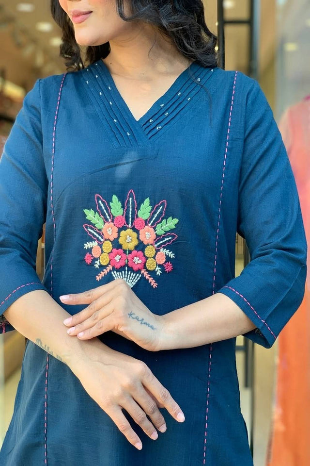 Blue Floral Embroidered Cotton Kurti Pant Set (NYS-A2106RZ-Blue)