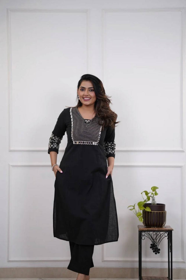 Black Embroidered Cotton Anarkali Suits (NYS-B151335M-Black)