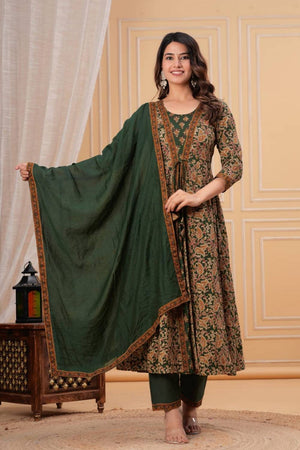 Green Ajrak Printed Cotton Anarkali Suits (NYS-D302010HA-Green)