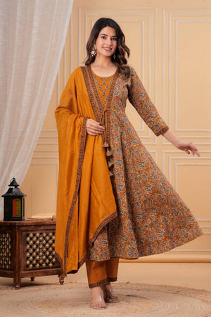 Multi Color Ajrak Printed Cotton Anarkali Suits (NYS-D302010HA-Yellow)