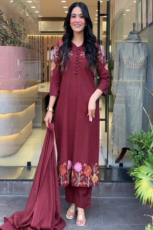 Maroon Floral Embroidered Cotton Kurti Pant Set (NYS-F1241Z-Maroon)