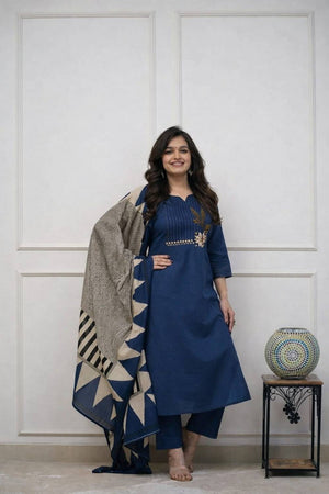 Blue Embroidered Cotton Kurti Pant Set (NYS-G1272C-Blue)