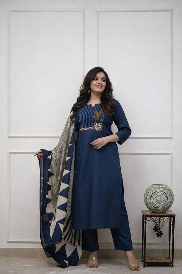 Blue Embroidered Cotton Kurti Pant Set (NYS-G1272C-Blue)
