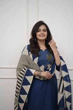 Blue Embroidered Cotton Kurti Pant Set (NYS-G1272C-Blue)