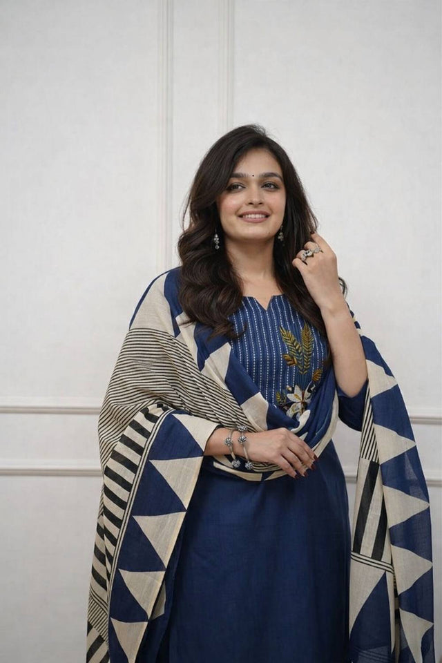 Blue Embroidered Cotton Kurti Pant Set (NYS-G1272C-Blue)