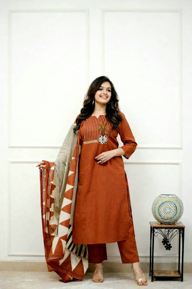 Orange Embroidered Cotton Kurti Pant Set (NYS-G1272C-Orange)